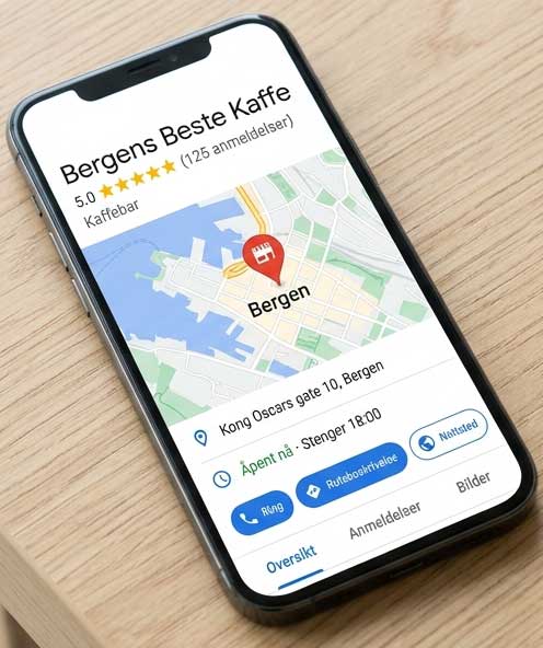 Google_My_Business En smarttelefon som viser en verifisert Google My Business-profil på Google Maps med 5 stjerner og kundeomtaler.