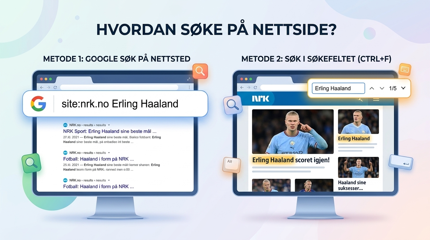 Søk på nettside via søkefelt i Google søk og via Ctrl+F i nettleseren.