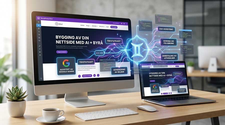 Å lage nettside med AI inkluderer bruk av Google Gemini til å generere bilder, lage utkast til tekst, og hjelpe med koding og feilsøking.