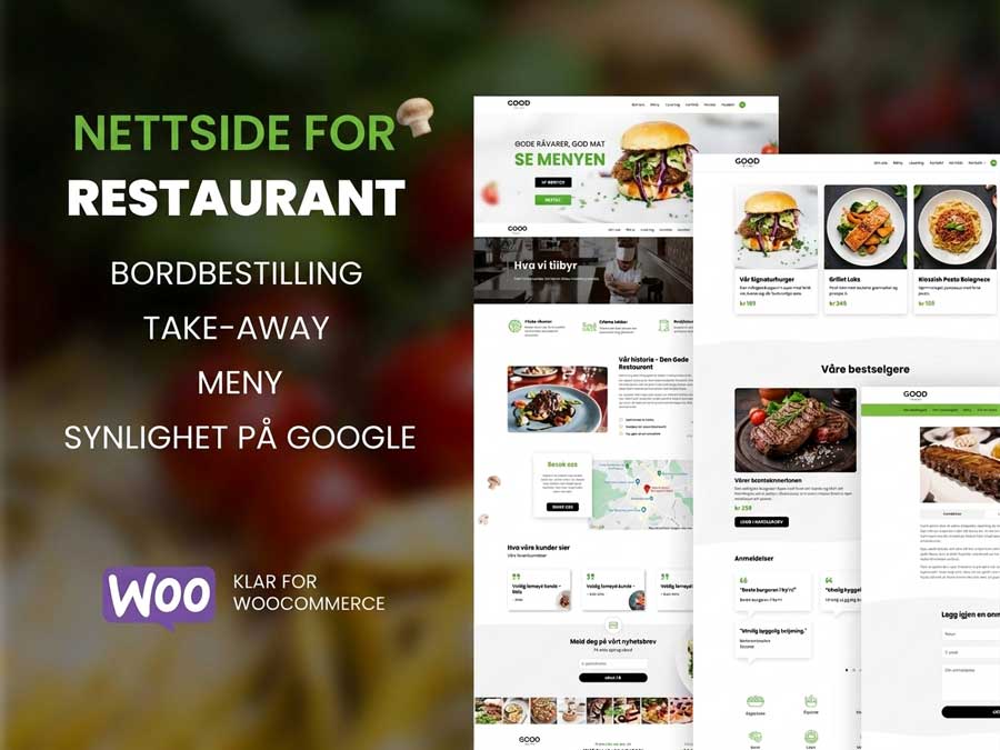 nettside_restaurant Skjermbilder fra nettside for restaurant med bordbestilling, take-away via WooCommerce, meny, og synlighet på Google gjennom integrasjon med Google My Business.